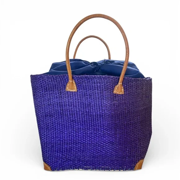 Raffia Purple with Natural Leather Handle Tote Bag - Picture 4 of 7